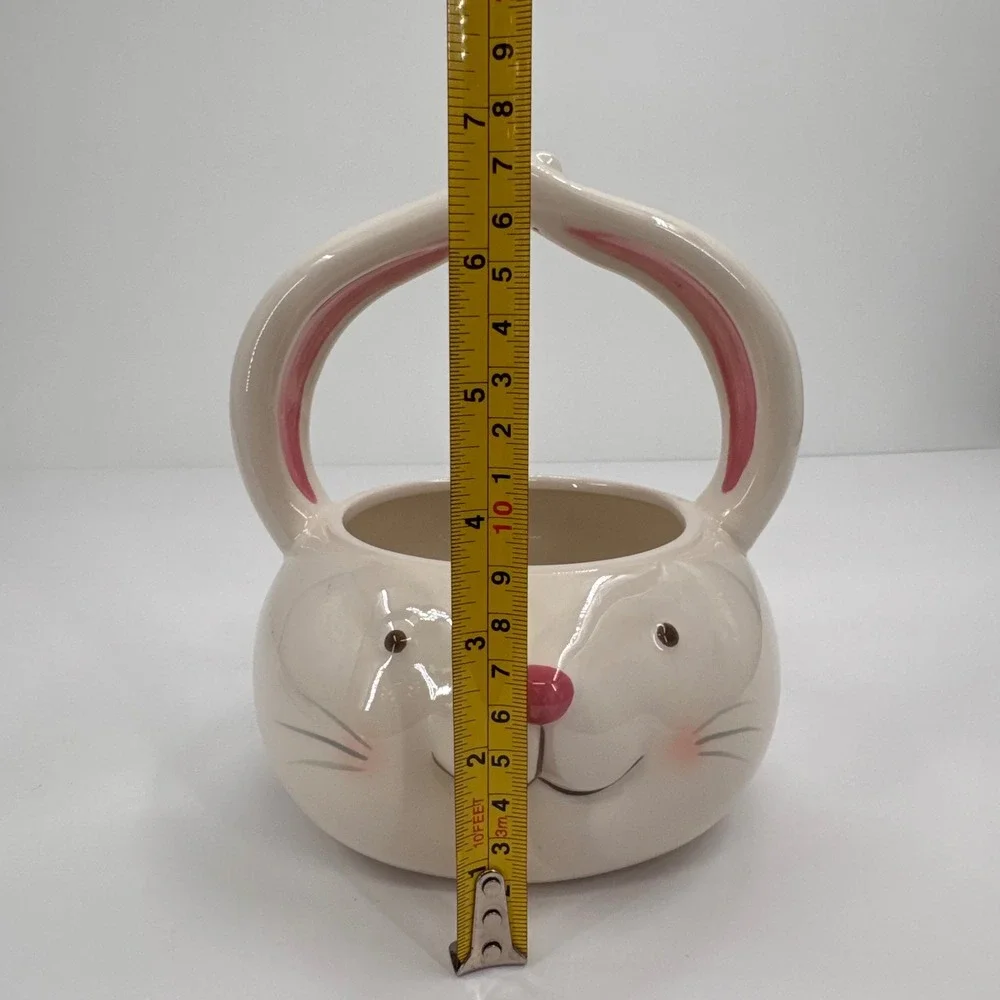 Blooming Blooms Ceramic Easter Bunny Basket Figural Rabbit Candy Dish White Pink